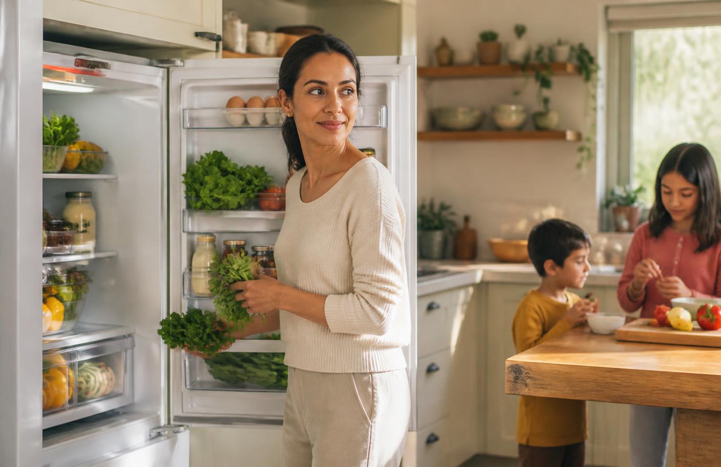 Madre frente al refrigerador pensando qué cocinar para su familia